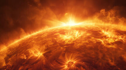 Obraz premium The surface of the sun with solar flares and prominences.