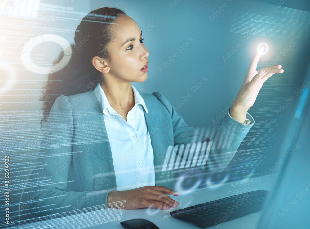 Poster Business woman, office and click on hologram ui, night and thinking with programming, dashboard or website. Person, developer and information technology with future, press and digital transformation