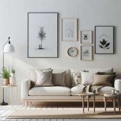 A living room with a template mockup poster empty white and with a couch and pictures on the wall standardscalex image art photo attractive.