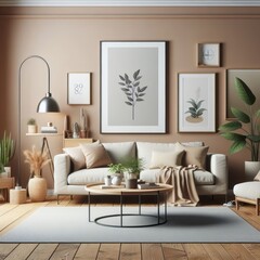 A living room with a template mockup poster empty white and with a couch and plants image art art has illustrative meaning.