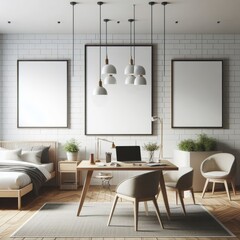 A Room with a template mockup poster empty white and with a desk and chairs art realistic attractive.