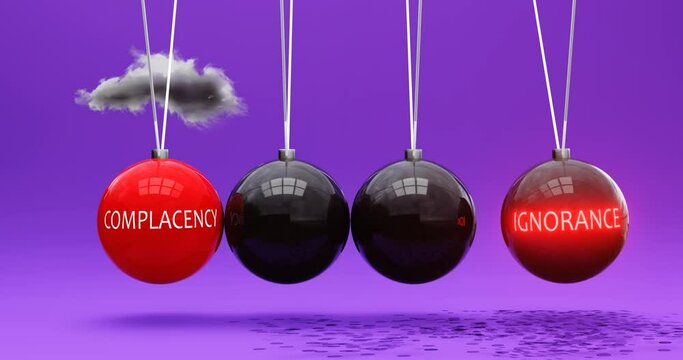 Complacency leads to ignorance. A Newton cradle metaphor in which complacency sets ignorance in motion. Vicious cycle. Cause and effect relation between complacency and ignorance. Can be looped