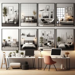 A wall of pictures of furniture and a desk image art has illustrative meaning used for printing card design.