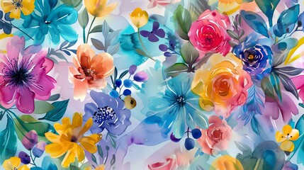 A hand-painted, multicolored, watercolor, 3D, seamless pattern of spring florals and plants, with a luxurious feel