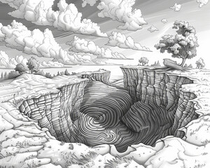 The image is a black and white drawing of a large hole in the ground. The hole is surrounded by a rocky landscape and there are clouds in the sky.