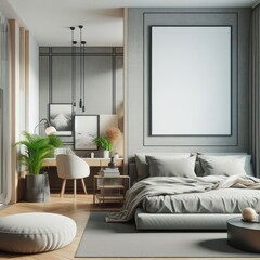 Bedroom sets have template mockup poster empty white with a large bed and a large chair art realistic photo lively.