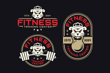 wild rat with barbell and kettlebell logo design for fitness, gym, bodybuilding, weightlifting club