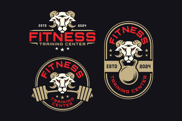Fototapeta premium goat with barbell and kettlebell logo design for fitness, gym, bodybuilding, weightlifting club