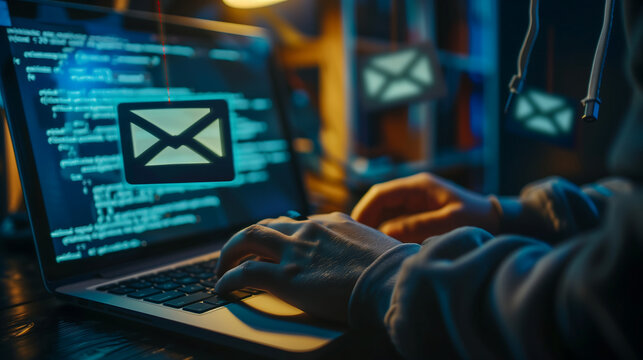 hacker hand typing on a laptop with an email icon glowing on the screen, in a cyber security concept