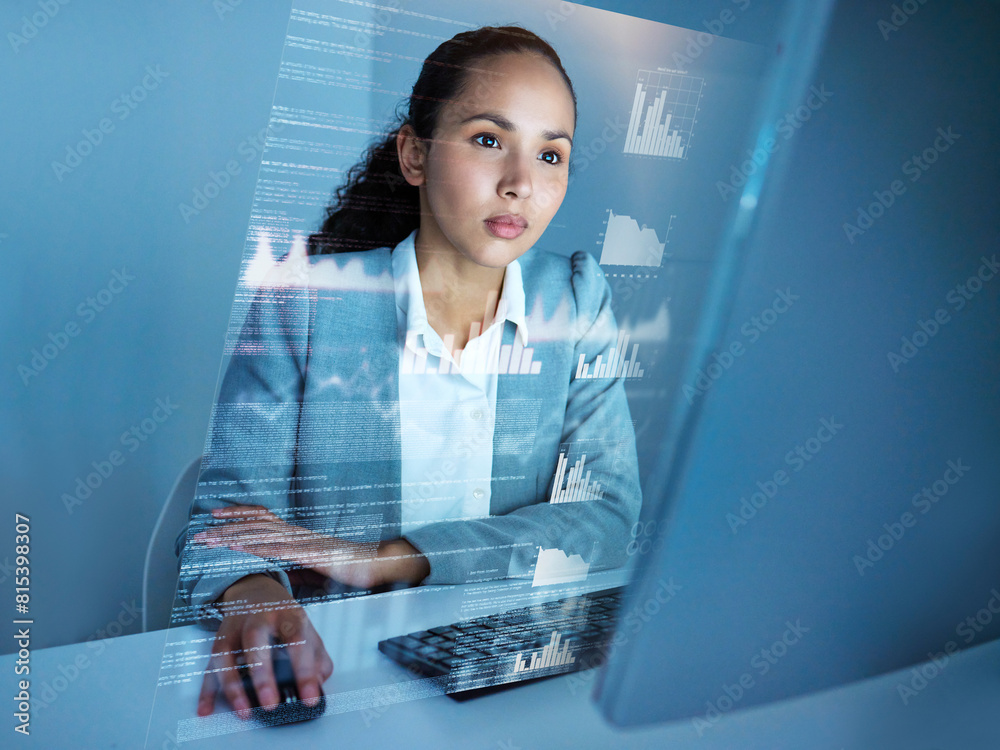 Poster business woman, chart and overlay in office for stock market research, graphs and digital analysis. 