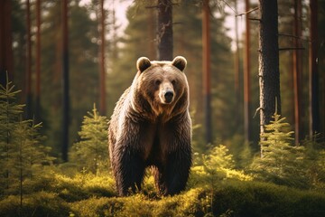 Fototapeta premium Big brown bear in the summer forest. AI gemerated image.