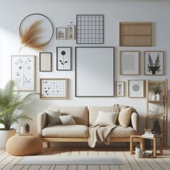 living room with a template mockup poster empty white and With Couch And Pictures On The Wall image art harmony used for printing card design.