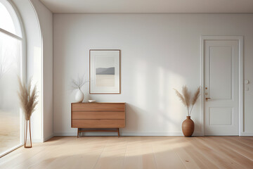 White empty minimalist room interior with door, dresser, vase on a wooden floor, decor on a large...