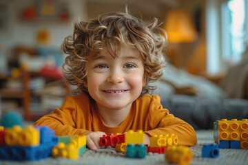 A happy boy with curly hair playing with Lego in his living room. Created with Ai