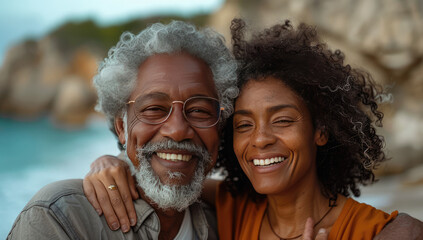 Happy senior black couple smiling at camera, with beautiful curly hair and grey beard in front of the beach. Created with Ai