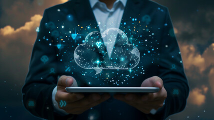 business man holding tablet with digital cloud technology icon and glowing hologram effect on a dark background, data storage, cloud computing online network service business