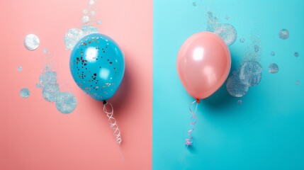 Gender Reveal Celebration Blue and Pink Party for Boy or Girl, Happy Baby Shower Announcement with Cute Illustration and attributes. Great as invitation card design template