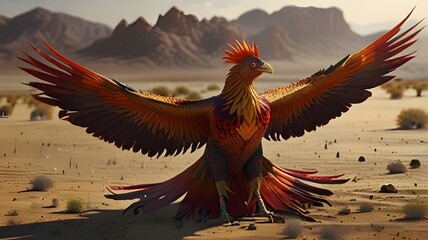 Obraz premium A majestic phoenix, with vibrant feathers of red, orange, and gold, emerges from the barren desert landscape, its wings spread wide as it takes flight. The generative AI brings this mythical creature 