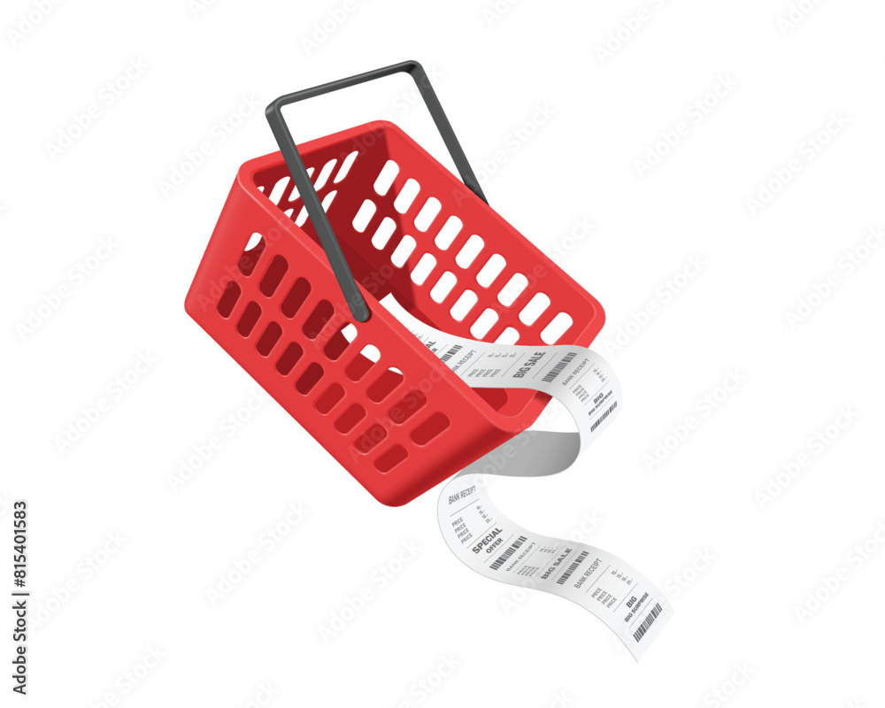 Canvas Prints vector illustration features red shopping basket used in supermarket with a detailed, lengthy receipt or invoice paper extending from it, vector 3d isolated for e commerce, online shopping concept