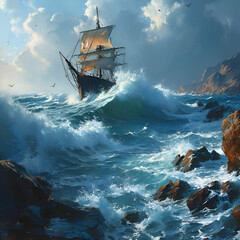 Sailing ship in stormy sea. 3d render illustration.