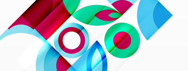 An array of magenta, electric blue geometric shapes in a pattern on a white background. This closeup art piece showcases circles with symmetry and various tints and shades
