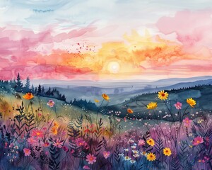 A watercolor scene depicting a colorful, blooming orchard with soft, natural elements and a serene background