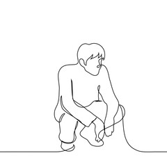 man with sits on his haunches resting his elbows on  knees - one line art vector. concept of fatigue, squat. 