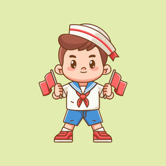 Cute boy wear sailor uniform hold two flag kawaii chibi character mascot illustration