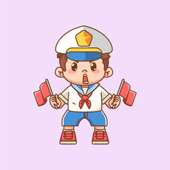 Cute boy wear sailor uniform holding two flag kawaii chibi character mascot illustration