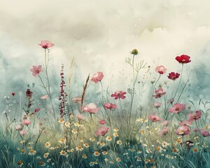 Obraz premium A watercolor scene of a misty morning in a blooming meadow, with soft, subtle colors blending flowers and nature into a tranquil background