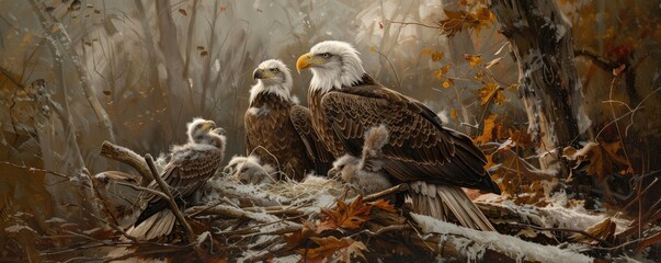 eagle family perches majestically on a nest in a lush, serene forest setting, depicting wildlife's nurturing aspect - Powered by Adobe