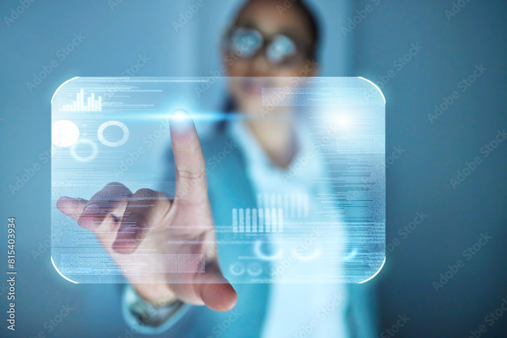 Poster Business woman, chart and hologram in office for stock market research, graphs and digital analysis. Coding, data analytics and software information with female programmer, developer or touch screen