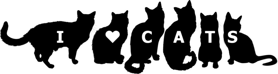 Collection of silhouettes of domestic cats in different poses. I love cats. Pets. Vector illustration.