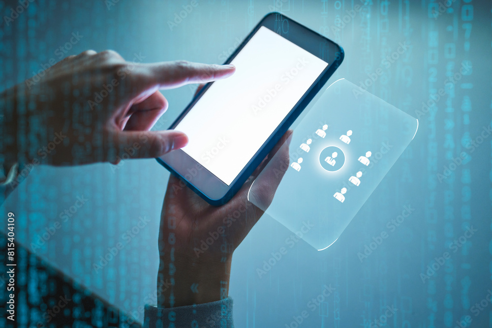 Aufkleber hand, office and overlay with screen of smartphone for internet search, communication and connection