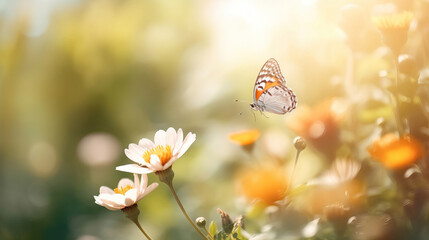 Beautiful Monarch butterfly feeding on flower in the morning of spring season. Nature concept with copy space and blurry background.