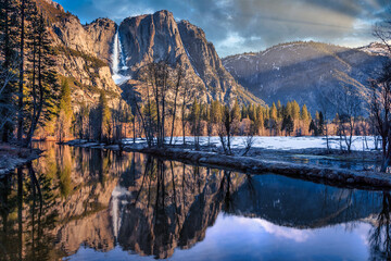 Sunrise Reflections of Yosemite Falls in Winter, Yosemite National Park, California