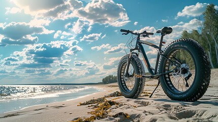 Fototapeta premium Bicycle of comfort class on the sandy beach of sea