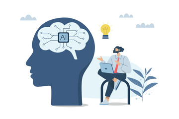 Artificial intelligence supports business success, AI, Robot work with company personnel, Technology helps generate creative and create ideas. Businessman working with robot. Vector illustration.
