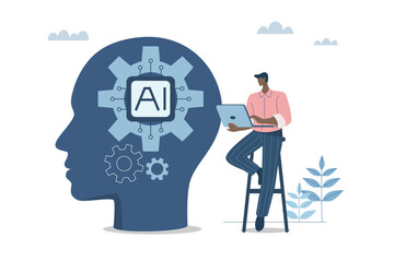 Technology helps research important information and create ideas,  AI, Artificial intelligence supports business success, Robot work with company personnel, Businessman working with robot. Vector.