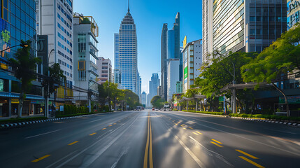 Naklejka premium An empty, broad street, cityscape in the background with no people or vehicles. Skyscrapers tower under a clear blue sky
