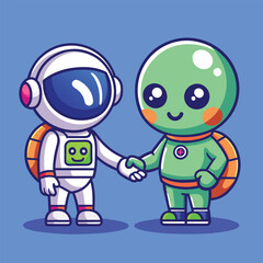 Fototapeta premium Cute Astronaut Handshake With Alien Cartoon Vector Icon Illustration Science Technology Isolated