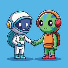 Obraz premium Cute Astronaut Handshake With Alien Cartoon Vector Icon Illustration Science Technology Isolated
