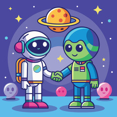 Naklejka premium Cute Astronaut Handshake With Alien Cartoon Vector Icon Illustration Science Technology Isolated