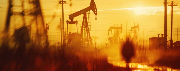 Oil extraction towers set against a dramatic sunset, highlighting the environmental impact of the oil industry