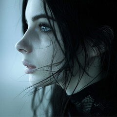 Naklejka premium Beautiful profile view of a pale woman with black hair, pitch black eyes, eerie and ethereal, model's
