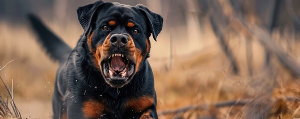 ferocious Rottweiler dog snarling, showing its teeth with a blurred green background. aggressive dog attack - Powered by Adobe