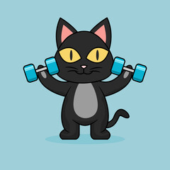 Cute Cat Lifting Barbell. Funny cartoon Cats. Illustration Animal Sport Isolated Flat Vector.