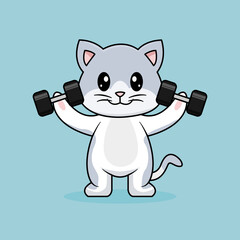 Obraz premium Cute Cat Lifting Barbell. Funny cartoon Cats. Illustration Animal Sport Isolated Flat Vector.