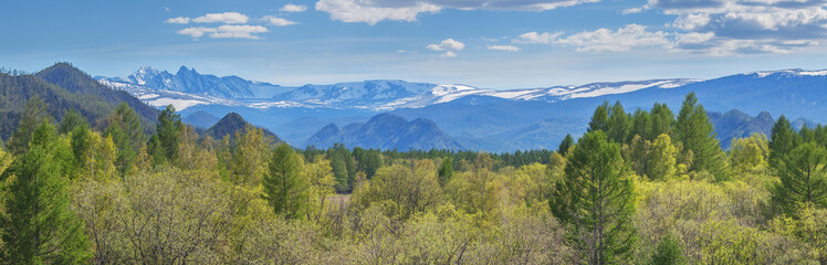 Mountain valley on a spring sunny day, snow on the peaks and greenery