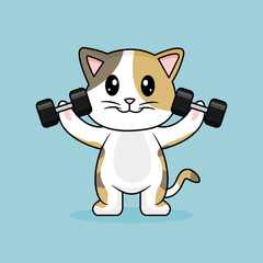 Cute Cat Lifting Barbell. Funny cartoon Cats. Illustration Animal Sport Isolated Flat Vector.
